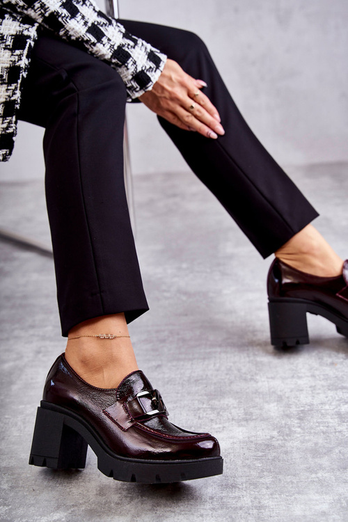 Eleganckie Półbuty Na Słupku Ze Srebrną Ozdobą Bordowe Harmell