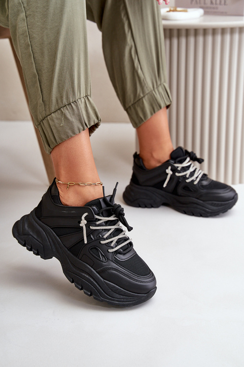 Sneakersy Damskie Na Masywnej Podeszwie Z Ozdobnym Sznurowaniem Czarne Relissa