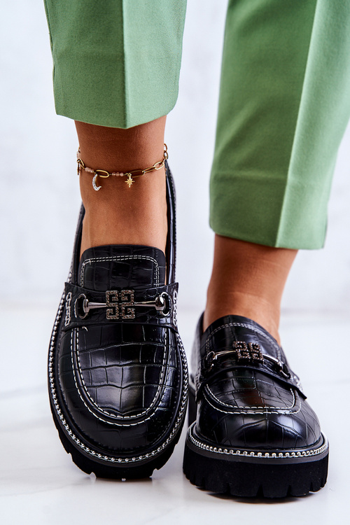 Skórzane Półbuty Wężowe Z Ozdobą Czarne Adison