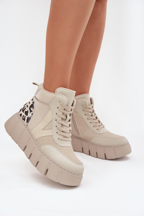 Skórzane Botki Damskie Na Platformie Ocieplane Vinceza 66838 Beżowe