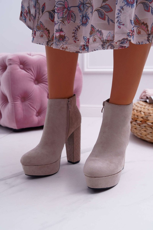 Botki Damskie na Słupku Platformie Zamszowe Beżowe Celinne