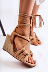 Zamszowe Wiązane Sandały Na Koturnie Beżowe Flavia