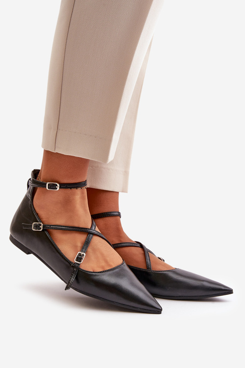 Baleriny Damskie Z Noskami W Szpic I Przeplatającymi Się Paskami Czarne Violra