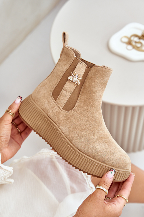 Wsuwane Botki Damskie Na Platformie Z Przypinką Eko Zamszowe Brązowe Ciatheia