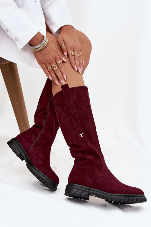 Kozaki Damskie Ocieplane Na płaskim Obcasie Eko Zamszowe Bordowe Delyssa