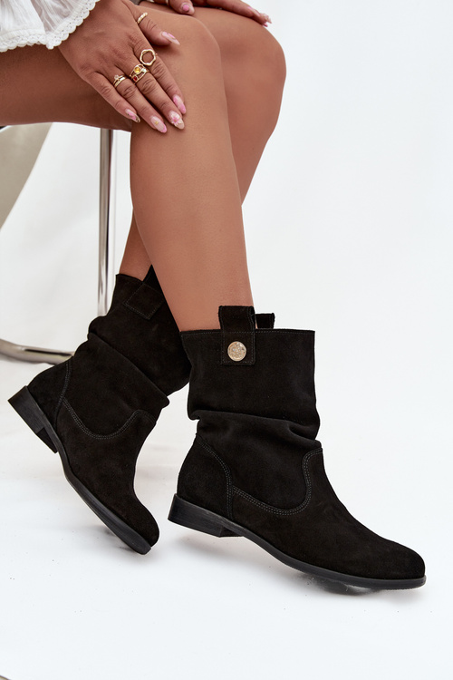 Skórzane Zamszowe Botki Damskie Z Marszczeniem Ocieplane Zazoo 4210 Czarne