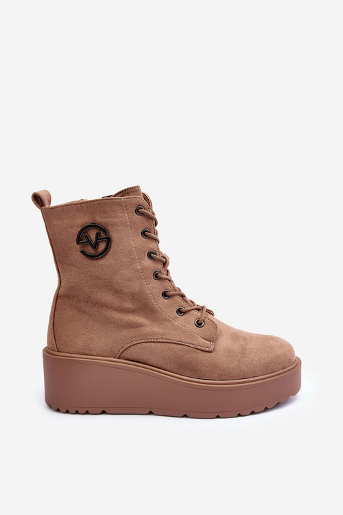 Zamszowe Botki Workery Na Masywnej Platformie Koturnie Beżowe Lavica