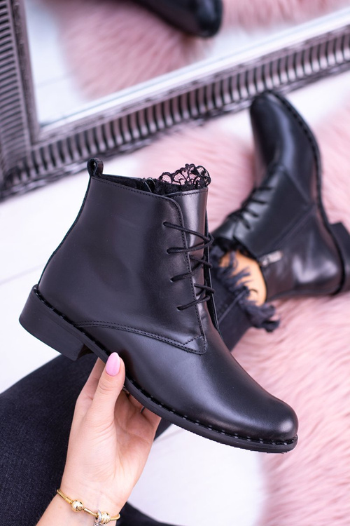 Ocieplane Skórzane Czarne Damskie Botki Z Koronką Millano