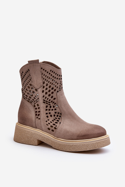 Zazoo 3470 Zamszowe Botki Damskie Na Płaskim Obcasie Ażurowe Cappuccino
