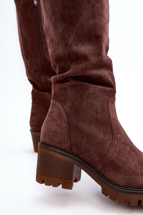 Kozaki Damskie Przed Kolano Na Niskim Obcasie Ciemnobrązowe Beveta