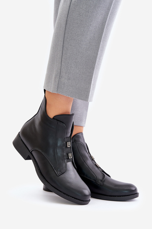 Ocieplane Botki Damskie Na Płaskim Obcasie Z Eko Skóry S.Barski HY42-716 Czarne