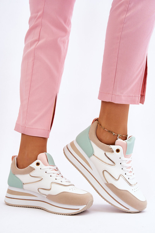 Modne Skórzane Buty Sportowe Biało-Beżowe Roen