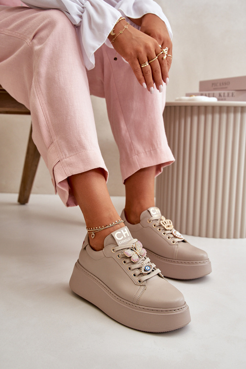 Damskie Skórzane Sneakersy Na Platformie Z Ozdobami CheBello 4585 Beżowe