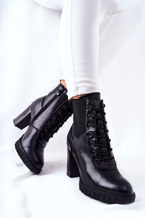 Skórzane Botki Na Słupku Wysokie Czarne Joyte