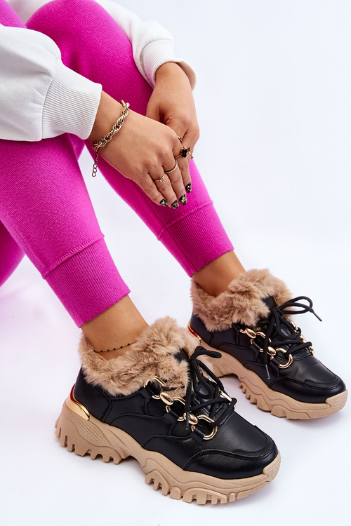 Damskie Ocieplane Buty Sportowe Sznurowane Czarno Beżowe Kerberos