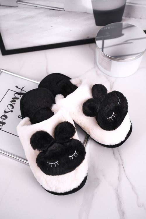 Papcie Damskie Futrzane Biało Czarne Rabbit