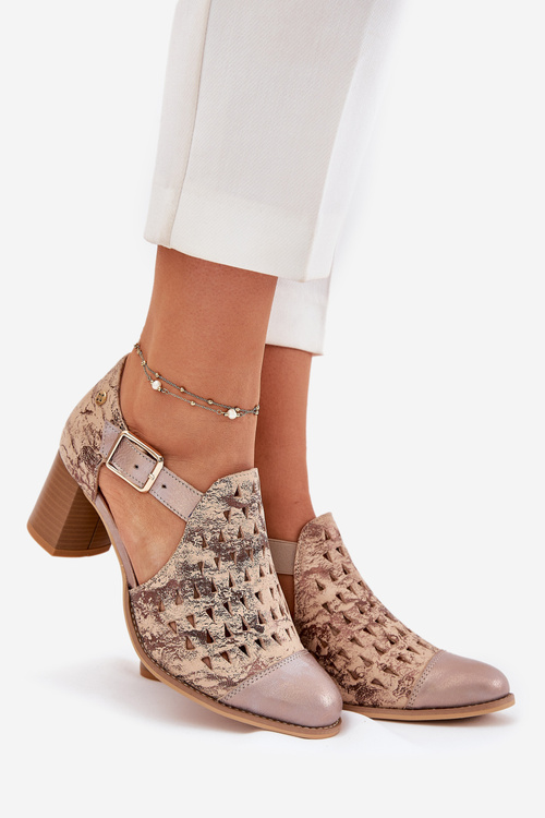 Damskie Skórzane Ażurowe Botki Maciejka 04962-43 Beżowo-Złote