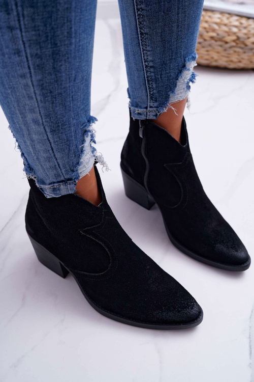 Damskie Botki Kowbojki Zamszowe Czarne Barski 1638