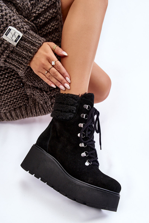 Damskie Zamszowe Botki Na Koturnie Czarne Lemar Meniko