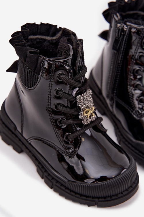 Lakierowane Botki Dziecięce Ocieplane Z Przypinką Miś Czarne Fionessa