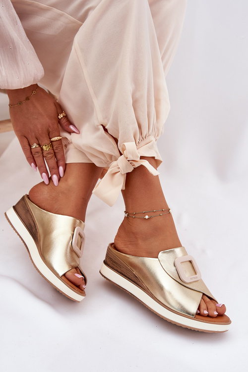 Klapki Damskie Skórzane Na Koturnie Artiker 56C2146 Złote