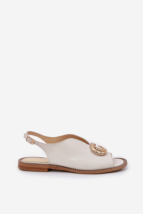 Skórzane Sandały Na Płaskim Obcasie Z Ozdobą Laura Messi 2865 Jasnobeżowe