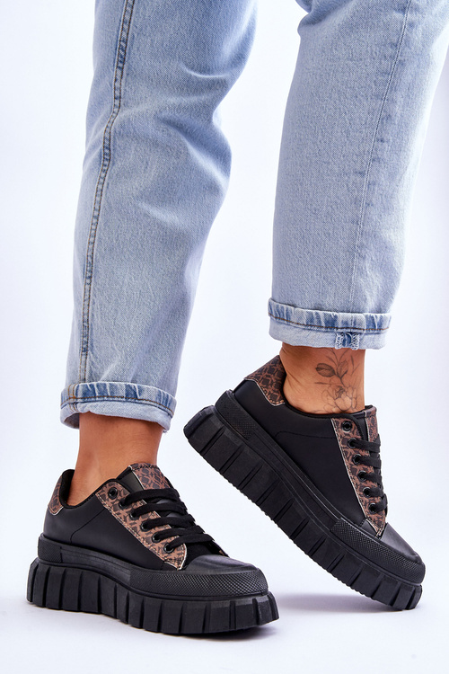 Damskie Skórzane Buty Sportowe Na Platformie Czarne Alison