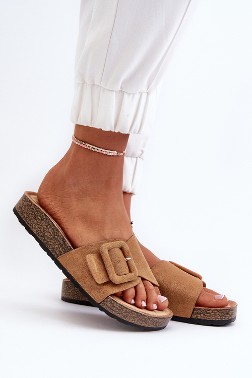 Klapki Damskie Z Klamrą Eko Zamszowe Camel Laeltia