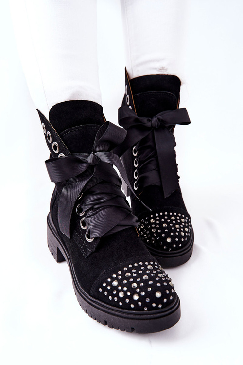 Zamszowe Botki Workery Lewski Shoes Wiązane 3069 Czarne