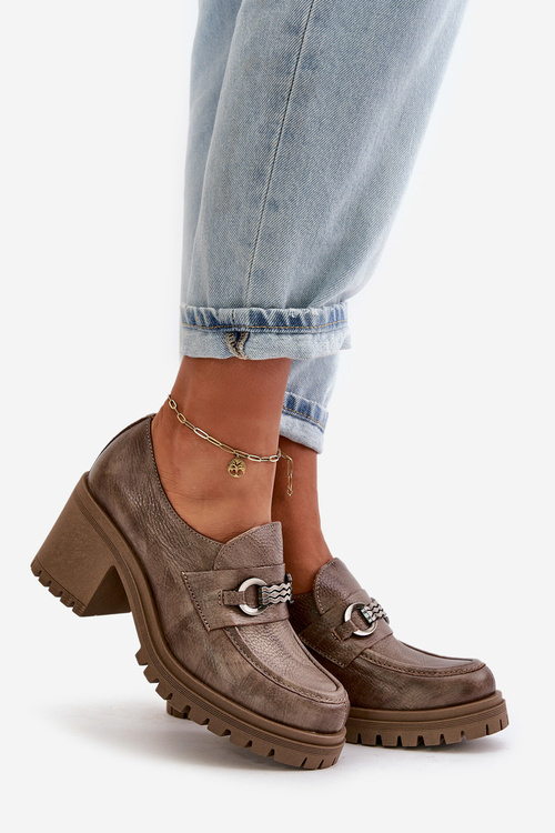 Zazoo 20175 Półbuty Damskie Na Słupku Skóra Naturalna Ciemnobeżowe