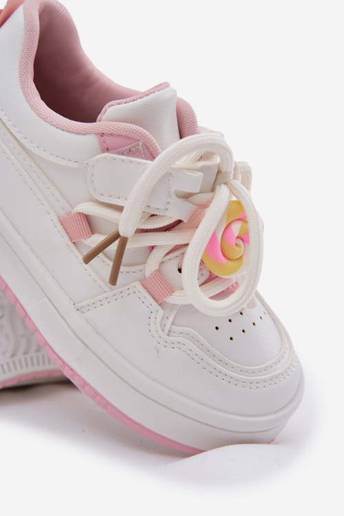 Sneakersy Dziecięce Na Rzep Z Przypinką Lizak Biało-Różowe Odalira