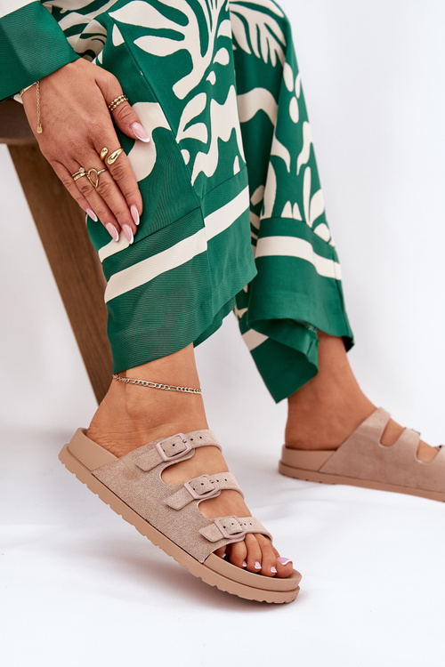 Klapki Damskie Z Paskami I Klamrami Beżowe Uliri