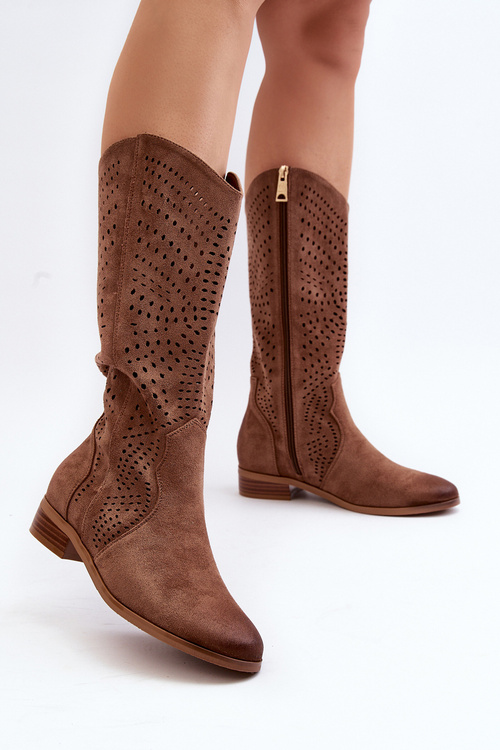 Ażurowe Kozaki Do Połowy Łydki Brązowe Kleorelia