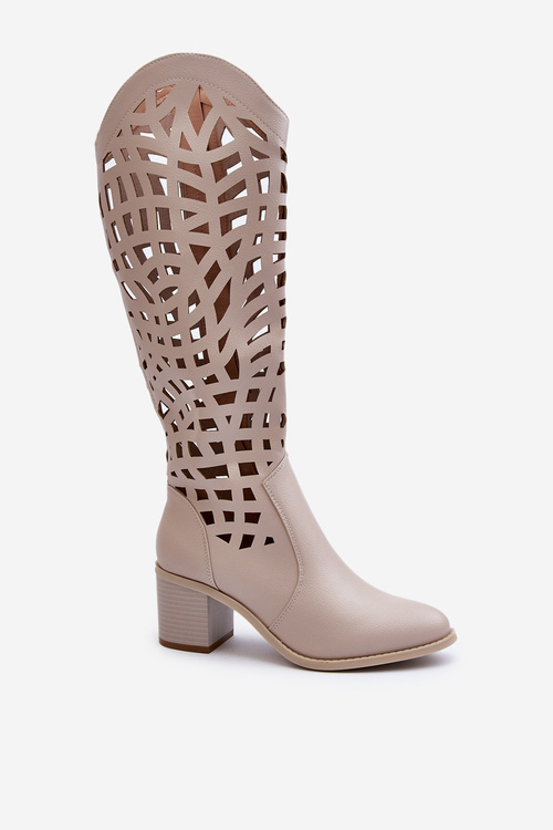 Ażurowe Kozaki Na Obcasie Beżowe Pinkema