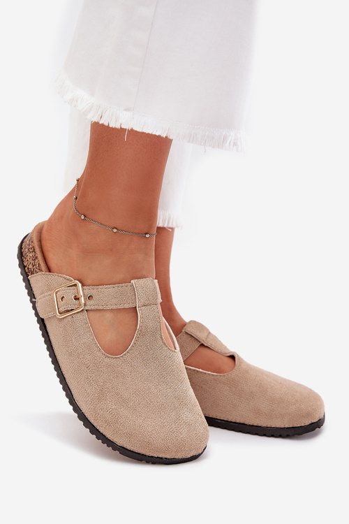 Klapki Chodaki Damskie Ze Złotą Klamrą Beżowe Lirina