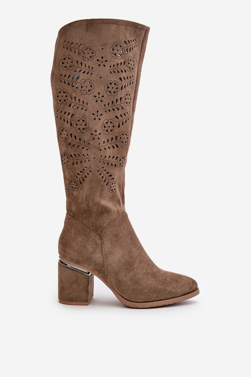 Ażurowe Kozaki Damskie Na Słupku Z Eko Zamszu Vinceza 16443 Ciemnobeżowe