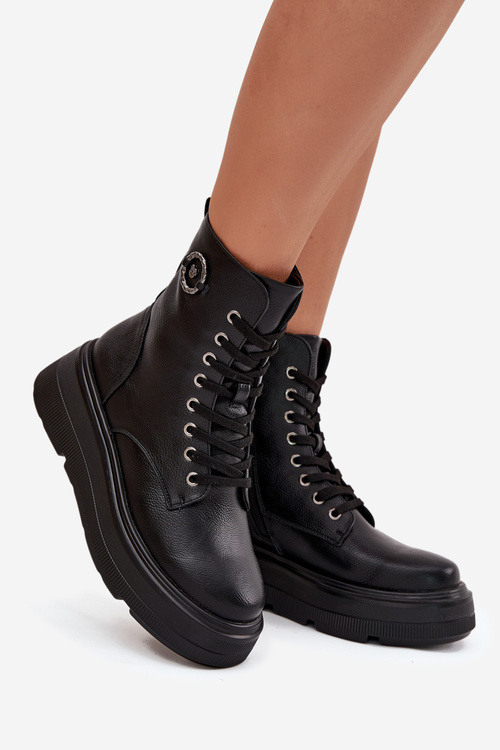 Botki Workery Damskie Ocieplane Na Platformie Z Ozdobnym Detalem Vinceza 16513 Czarne