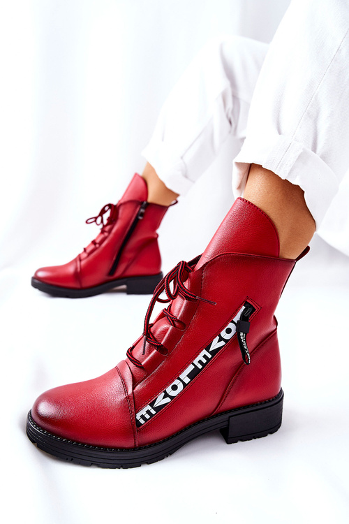 Skórzane Botki Z Ozdobnym Suwakiem Czerwone Lomissa