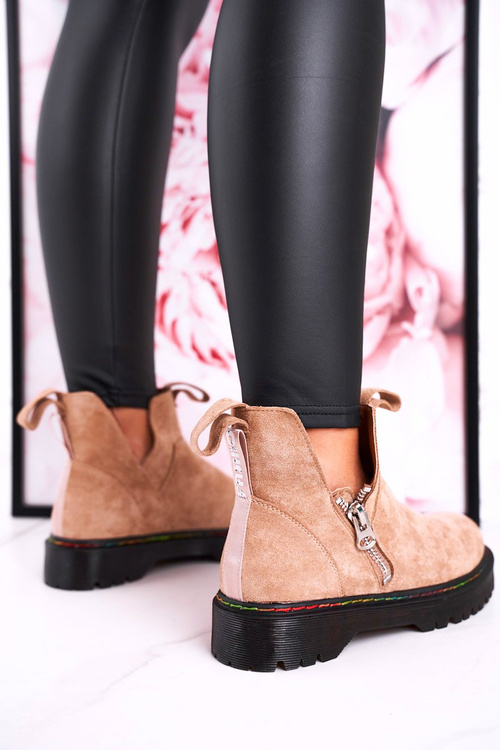 Damskie Botki Sztyblety Z Kolorowym Przeszyciem Zamszowe Beżowe Addison