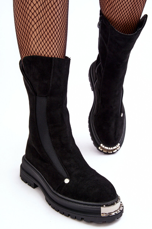 Zamszowe Ocieplane Botki Na Płaskim Obcasie Czarne Palimra