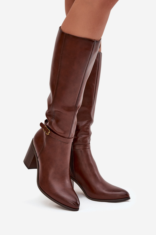 Kozaki Damskie Muszkieterki Ocieplane Na Słupku Z Klamrą Sergio Leone KZ25738 Brązowe