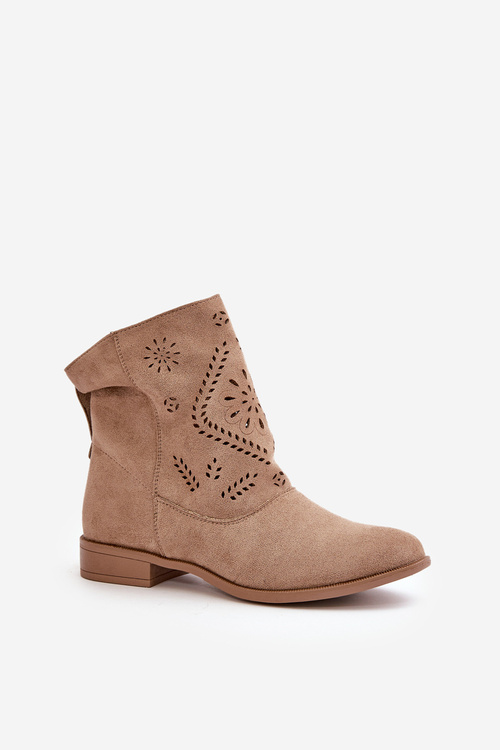 Ażurowe Damskie Niskie Botki Zapinane Na Zamek Beżowe Irinette
