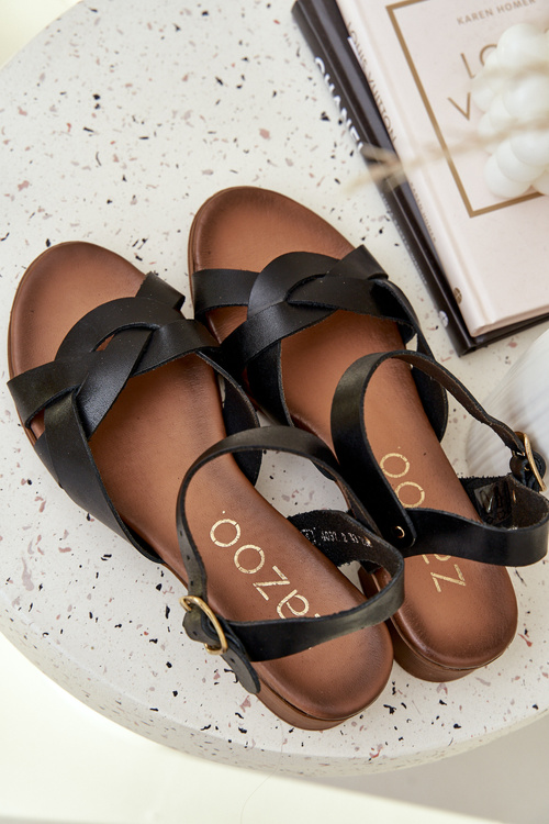 Skórzane Sandały Na Delikatnym Obcasie Zazoo 40372 Czarne