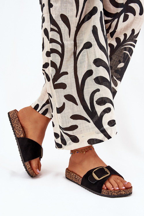 Klapki Damskie Z Klamrą Na Korkowej Platformie Czarne Zavira