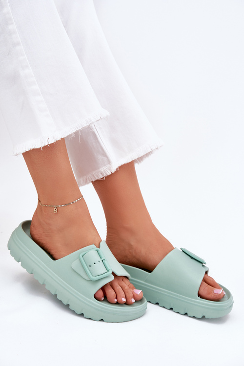 Klapki Damskie Piankowe Na Platformie Z Klamrą Zielone Viasara