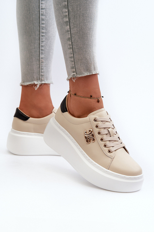Skórzane Sneakersy Damskie Na Platformie Beżowe Pernalia
