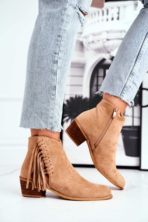 Botki Damskie Na Słupku Z Frędzlami Kowbojki Khaki Mirage