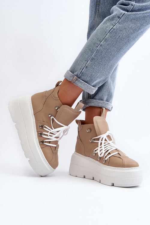 Zazoo 3416 Skórzane Damskie Buty Sportowe Beżowe