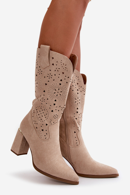 Ażurowe Botki Damskie Na Słupku Z Noskami W Szpic Eko Zamszowe Beżowe Nevithra