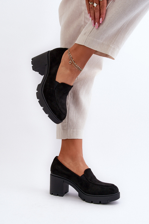 Półbuty Damskie Eko Zamszowe Na Obcasie i Platformie Czarne Arablosa